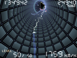 In Torus Trooper ballert man sich durch eine Röhre. Die Standbilder können dabei nicht die rasante Spielgeschwindigkeit vermitteln.