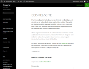 Das neue Theme wirkt mit der Beispiel-Seite wie eine Trauerkarte.