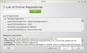 Abbildung 2: Das PackMan-Repository lässt sich in YaST direkt aktivieren, indem Sie die Community-Repositories durchsuchen.