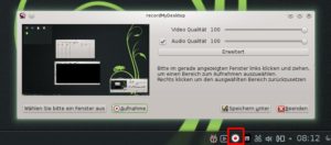 Abbildung 3: recordMyDesktop ist dafür verantwortlich, die Geschehnisse auf dem Desktop aufzuzeichnen. Über die markierte Schaltfläche in der Startleiste starten und stoppen Sie die Aufzeichnung.
