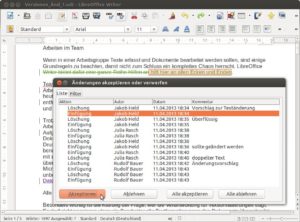 Abbildung 3: Schritt für Schritt hangeln Sie sich durch alle Änderungen der Teammitglieder. Diese listet LibreOffice chronologisch sortiert auf.