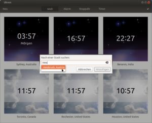 Abbildung 4: Mit dem Programm Gnome-Uhren messen Sie nicht nur die Zeit zuhause oder stellen einen Wecker, sondern blenden übersichtlich die Uhrzeit in verschiedenen Weltstädten ein.