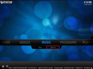 Abbildung 5: Das Mini-Live-System GeeXboX startet nach dem Booten ein Mediacenter mit opulenter Optik. Es spielt Filme und Musik von der DVD oder dem USB-Stick, auf dem es selbst installiert ist, sowie aus zahlreichen als Add-on (rot markiert) verfügbaren Online-Mediatheken.