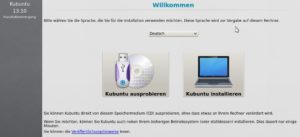 Abbildung 5: Über den Bootmenü-Eintrag "Start Kubuntu" gelangen Sie zu diesem Fenster, in dem Sie die Sprache auswählen und probeweise den KDE-Desktop im Live-Modus starten.