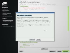 Abbildung 6: Jetzt wird es ernst: Klicken Sie hier auf "Installieren", richtet YaST OpenSuse ein. Wählen Sie "Zurück" und dann "Abbrechen", bleibt das System unverändert.