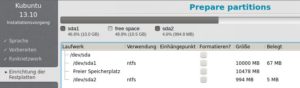 Abbildung 6: Kubuntus Installer bemerkt zwar die freie Partition, kommt aber nicht auf die Idee, sich in diese hinein zu installieren. Also greifen Sie selbst ein.