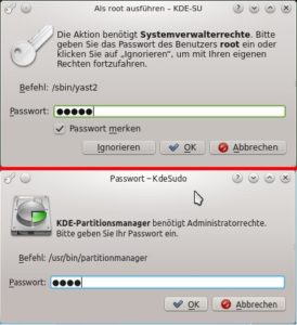 Abbildung 7: Viele Wege führen zu Root-Rechten – bei OpenSuse (oben) und Kubuntu sind sie verschieden.