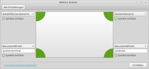 Abbildung 9: Die aktiven Ecken des Mint-Desktops können Sie so konfigurieren, dass automatisch ein Programm startet, wenn Sie den Mauszeiger in die richtige Ecke ziehen.