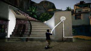 Mit zunehmender Spielzeit wird die Umgebung immer surrealer. Hier zieht Quico aus einem Haus eine Treppe auf.