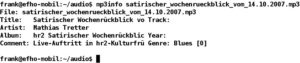Abbildung 1: Mp3info zeigt Informationen zur ausgewählten MP3-Datei: Titel, Interpret, Album, Nummer des Stücks, Jahr der Veröffentlichung und Genre.