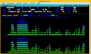 Abbildung 5: Der Open Cubic Player in der Konsole mit einem Frequenzprofil des aktuellen Tracks.
