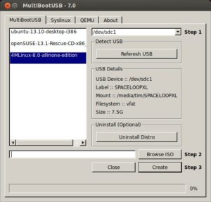 Abbildung 1: Hier hat MultiBootUSB bereits drei ISO-Images auf den USB-Stick geschoben (Ubuntu, OpenSuse und 4M Linux).