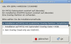 Abbildung 2: Der Flash-Installer erlaubt es, einen großen USB-Stick so umzupartitionieren, dass er neben der FAT32- eine Linux-Partition anlegt.