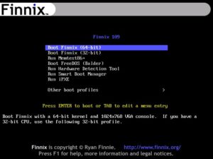 Abbildung 5: Das Boot-Menü von Finnix erlaubt die Wahl zwischen einer 64-Bit- und 32-Bit-Variante, dem Hauptspeichertest Memtest86, FreeDOS und dem Hardware Detection Tool.