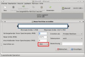 Abbildung 6: Beim grafischen Partitionierer Gparted richten Sie die Partitionen auf USB-Sticks für optimale Performance an der MByte-Grenze aus. Dann befinden sich die Einheiten beim Löschen und die Blöcke des Dateisystems sicher auf Linie.
