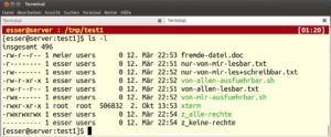 Abbildung 1: Bei der Anzeige eines Verzeichnisses mit "ls -l" sehen Sie die Zugriffsrechte für Dateibesitzer, Gruppenmitglieder und andere Benutzer.