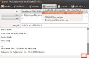 Abbildung 10: E-Mails sind nur sicher, wenn Sie diese verschlüsseln. Die gelben Symbole rechts unten zeigen: Thunderbird verschickt diese Nachricht signiert und verschlüsselt.