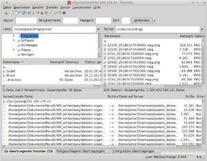 Abbildung 10: FileZilla ist ein klassisches FTP-Programm, das auch SFTP beherrscht. Durch sein Protokollfenster (unten) ist es gut für das Übertragen großer Dateisammlungen im Netz geeignet.