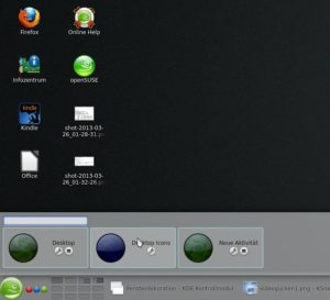 Abbildung 13: Bei der KDE-Version von OpenSuse ist eine Aktivität "Desktop-Icons" vordefiniert, die wieder den ganzen Desktop für die Icon-Ablage nutzbar macht.
