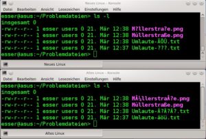 Abbildung 18: Das obere Terminal verwendet moderne UTF-8-Umlautkodierung, das untere die alte Latin1-Kodierung (Windows, altes Linux). Dateinamen mit Umlauten passen immer nur zu einer Kodierung.