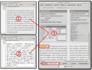 Abbildung 2: Gscan2pdf erzeugt Sandwich-PDFs, bei denen eine nicht sichtbare Ebene aus dem erkannten Text (Punkt 2) über dem eingescannten Bild (Punkt 1) die Suche nach Schlagwörtern erlaubt (Punkt 3).