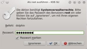 Abbildung 2: Unter Linux können Sie jedes Programm mit Root-Rechten starten – Sie müssen dazu nur ein Passwort eingeben.
