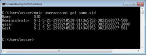 Abbildung 2: Das Windows-Tool "wmic" gibt Auskunft über die SIDs der eingerichteten Benutzer.