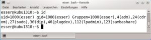 Abbildung 3: Merken Sie sich aus der Ausgabe von "id" die Werte, die hinter "uid=" und "gid=" stehen.