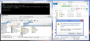 Abbildung 3: Mit dem Windows Explorer (rechts) ist kein direkter Zugriff auf fremde Home-Verzeichnisse möglich, er startet auch nicht unter einer anderen Kennung. Der mit "runas" gestartete FreeCommander hat dieses Problem nicht.