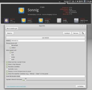 Abbildung 4: Eine Wettervorhersage für das Panel: Linux Mint bietet etliche Erweiterungen an. Einige davon müssen Sie konfigurieren.