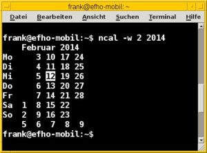 Abbildung 4: Ncal zeigt die Übersicht für den Februar 2014, ergänzt um die Kalenderwoche.