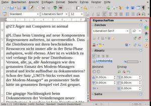 Abbildung 5: Mit der Seitenleiste (rechts, rot markiert) bewegt sich LibreOffice ein Stück auf die umstrittene Ribbon-Oberfläche von Microsoft Word [10] zu, bei der Paletten mit Symbolen am oberen Fensterrand die textbasierten Menüs ersetzten. Man kann die bei kleinen Bildschirmen störende Palette allerdings ausblenden.