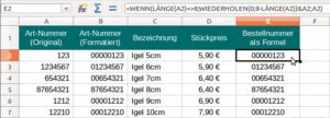 Abbildung 6: Die Spalte B (benutzerdefiniertes Zahlenformat) und die Spalte E (Formel) zeigen zwar dasselbe Ergebnis, bei einer Verknüpfung übernimmt Calc aber nur das Format aus Spalte E.