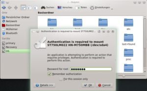 Abbildung 6: Wenn Sie über KDEs Dolphin einen NTFS-Datenträger einbinden, müssen Sie das Root-Passwort (oder bei Kubuntu Ihr eigenes Passwort) eingeben.