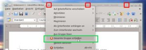 Abbildung 7: Kombinieren Sie mehrere Fenster zu einer Gruppe, können Sie jedes über eine separate X-Schaltfläche schließen (rot). Über das Kontextmenü (grün) werden Sie alle auf einmal los.