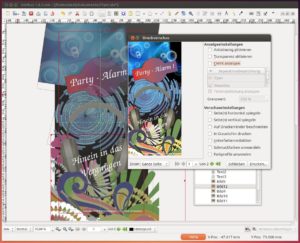 Abbildung 8: Mit der Druckvorschau kontrollieren Sie, wie der Flyer nach der Umsetzung in CMYK-Farben wirkt. Die Papiersorte kann Scribus bei der Darstellung allerdings nicht berücksichtigen.