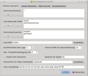 Abbildung 8: In den Recoll-Einstellungen legen sie fest, welche Verzeichnisse die Suchmaschine indiziert, welche sie überspringt und welche Sprachen sie bei der Grundformenbildung ("Stemming") der Schlagwörter berücksichtigt.