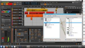 Abbildung 2: Eine Aufnahme von Guitarix verdrahtet in Qjackctl (rechts) ein Projekt mit mehr als 20 Audio-Kanälen mit reichlich Effekten.