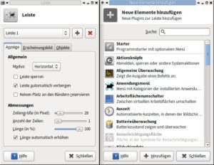 Abbildung 3: Über das Kontextmenü konfigurieren Sie die Leisten (links) und fügen neue Elemente ("Applets") hinzu.