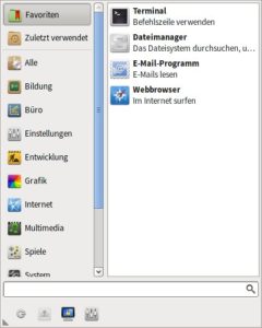 Abbildung 4: Neben den in Gruppen zusammengefassten Anwendungen enthält das Whiskermenu eine Suchfunktion und bietet am unteren Rand den Zugriff auf wichtige Standardfunktionen, wie etwa den Wechsel des Anwenders, die Einstellungen und so weiter.