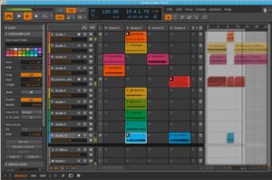 Abbildung 4: Die Clip-Matrix von Bitwig in der Arranger-Ansicht. In dieser Konfiguration lässt sich die von den Clips gespielte Musik direkt in die klassischen linearen Spuren des Projekts aufnehmen.