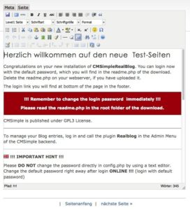 Abbildung 7: CMSimple besitzt einen sehr komfortabel ausgestatteten TinyMC-Editor, der es erlaubt, Inhalte einfach und schön zu gestalten. Er öffnet sich dabei über den Eintrag "Bearbeiten" in der Layout-Ansicht.