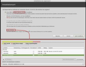 Abbildung 10: Genau wie Ubuntu lässt sich Linux Mint parallel zu Windows oder anderen Distributionen installieren, wenn noch Platz auf der Platte frei ist. Andernfalls schafft der leicht zu bedienende grafische Patitionierer (unten) Luft.