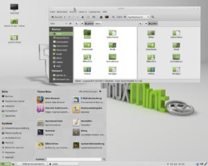 Abbildung 1: Früher war vieles besser: Wie im alten Gnome-2-Desktop lassen sich auf der Mate-Arbeitsfläche Ordner und Programmstarter ablegen. Der Dateimanager kennt eine Zweispaltenansicht. Das primitive Gnome-2-Startmenü haben die Mint-Entwickler dagegen nach KDE-Vorbild modernisiert.