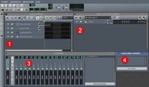 Abbildung 1: LMMS startet mit vier Unterfenstern: Der "Song Editor" (1) ist für die Melodie zuständig, der "Beat+Bassline Editor" (2) für kürzere, sich wiederholende Bass- und Drum-Patterns, der "FX-Mixer" (3) regelt die Lautstärke und fügt Effekte hinzu, und die "Controller-Einheit" (4) erzeugt Schwingungen, z. B. für ein Vibrato.