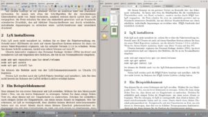 Abbildung 1: LyX bearbeitet Dokumente nach dem eher unbekannten WYSIWYM-Prinzip (What you see is what you mean): Links sehen Sie die Datei im LyX-Editor, rechts die vom Programm erstellte PDF-Datei.
