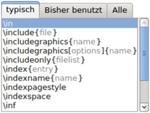 Abbildung 2: Das Programm versucht, LaTeX-Befehle weitgehend automatisch zu komplettieren. Dabei zeigt es die Syntax eines Kommandos an.