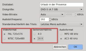 Abbildung 2: Um mit DVDStyler eine im Wohnzimmer abspielbare DVD zu erzeugen, wählen Sie bloß das PAL-Videoformat und das gewünschte Seitenverhältnis. Die Software kümmert sich dann ohne weiteres Zutun darum, dass die gebrannte Scheibe dem DVD-Standard entspricht.
