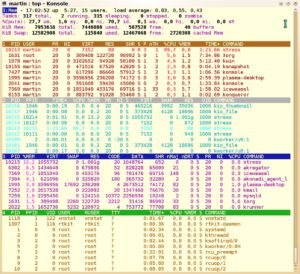 Abbildung 2: So bunt kann Top sein: Ein Stress-Befehl lastet eine CPU aus, ein weiterer belegt 1 GByte physikalischen Speicher, wie die Speicheransicht mit der blauen Titelzeile zeigt.