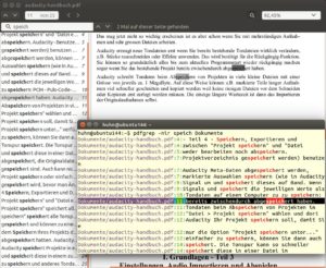 Abbildung 2: Mit "pdfgrep" durchsuchen Sie PDF-Dokumente nach Zeichenketten. Hier sehen Sie im Vergleich Evince und das Shell-Tool.